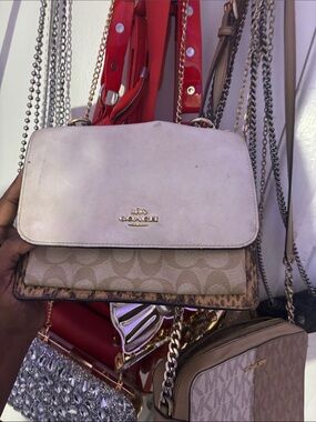 Coach Beige & Tan Signature Flap Crossbody with Gold Hardware